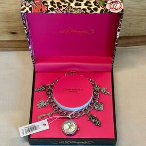 Ed Hardy Charm Bracelet Watch Gift Box Chunky Silver Chain Bling Y2K Mob Wife
